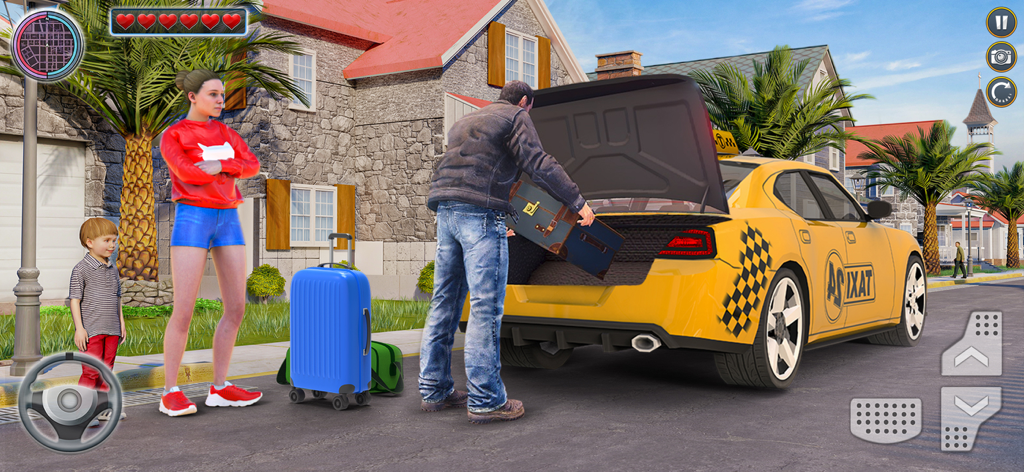 Radio Taxi Driving Game 2021 - Un taxista cargando equipaje en un taxi amarillo en un simulador de conducción urbana