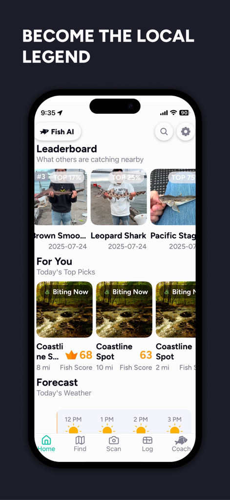 Fish AI app home screen showing a leaderboard of local catches and recommended fishing spots.