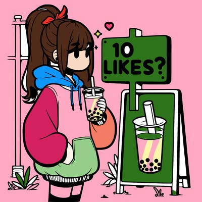 girl with oversized hoodie drinking boba and she has a high ponytail with a sign that says 10likes?