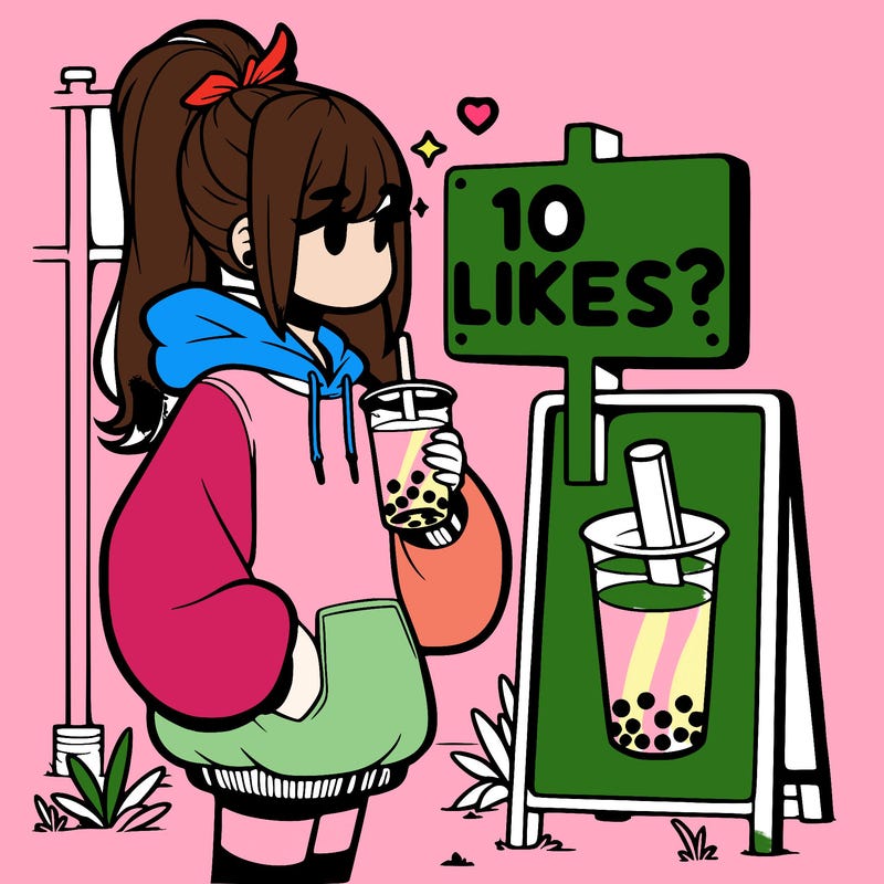 girl with oversized hoodie drinking boba and she has a high ponytail with a sign that says 10likes?