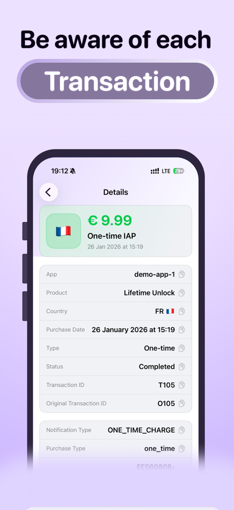 NewSub: App Developer Alerts - Screenshot of the NewSub app displaying details of a 9.99 Euro one-time in-app purchase from France.