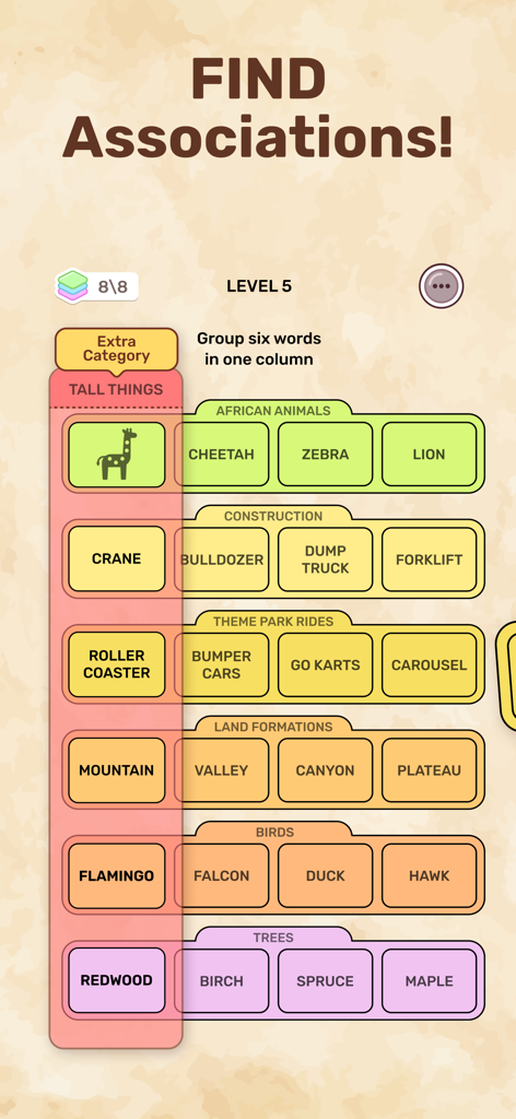 A gameplay screenshot of Connect Word showing words grouped into categories like African Animals, Construction, and Birds with a highlighted tall things section.