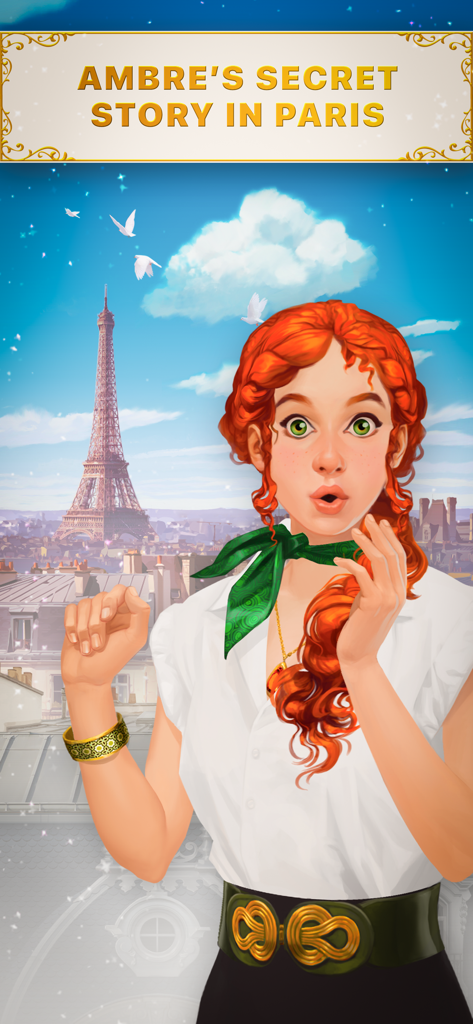 Dazzly Stories: Ambre's Secret - Character Ambre looking surprised with the Eiffel Tower and Paris skyline in the background