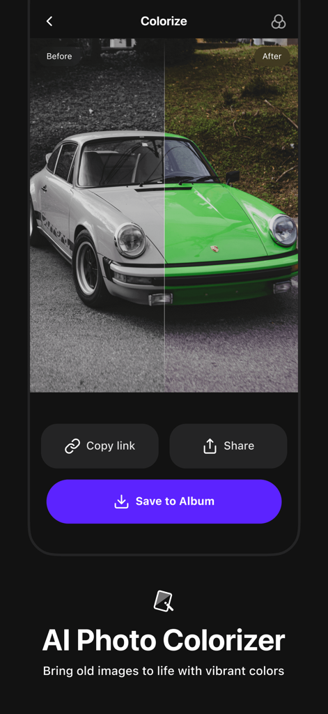 PhotoAI - AI Photo Enhancer - PhotoAI-App-Bildschirm, der die KI-Foto-Kolorierungsfunktion mit einem Vorher-Nachher-Vergleich eines Oldtimer-Autos zeigt