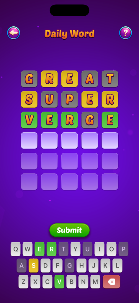 A screenshot of the Daily Word puzzle in Word Candy featuring a 5-letter word grid and keyboard.