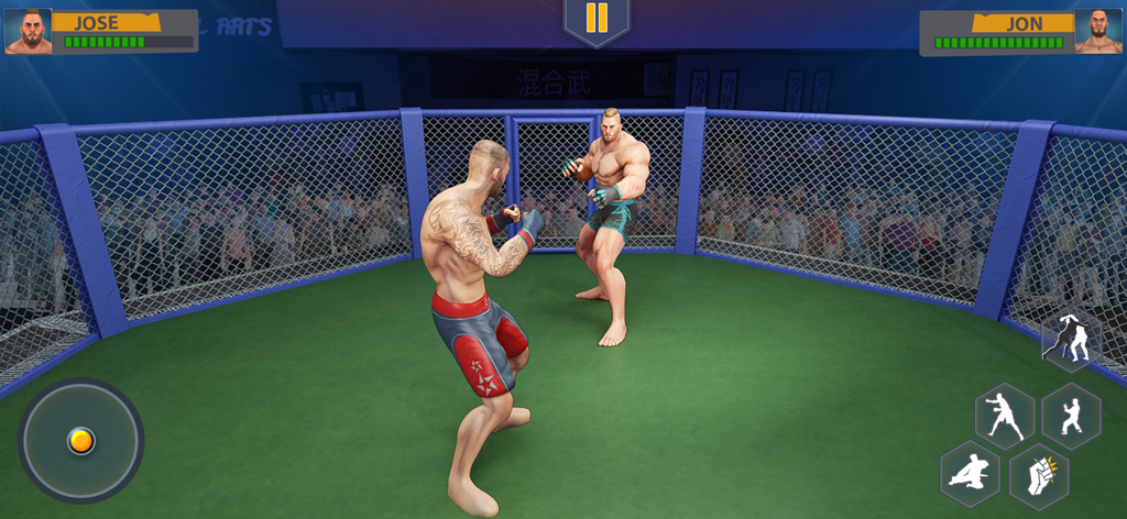 Two fighters in an MMA cage fight with mobile game controls