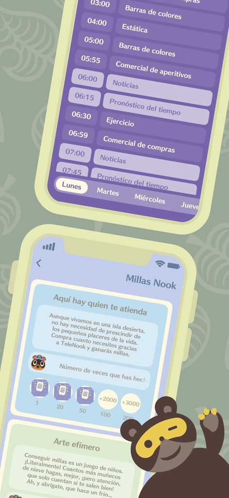 iNook - Screenshot of iNook app showing Nook Miles achievements and game schedule screens