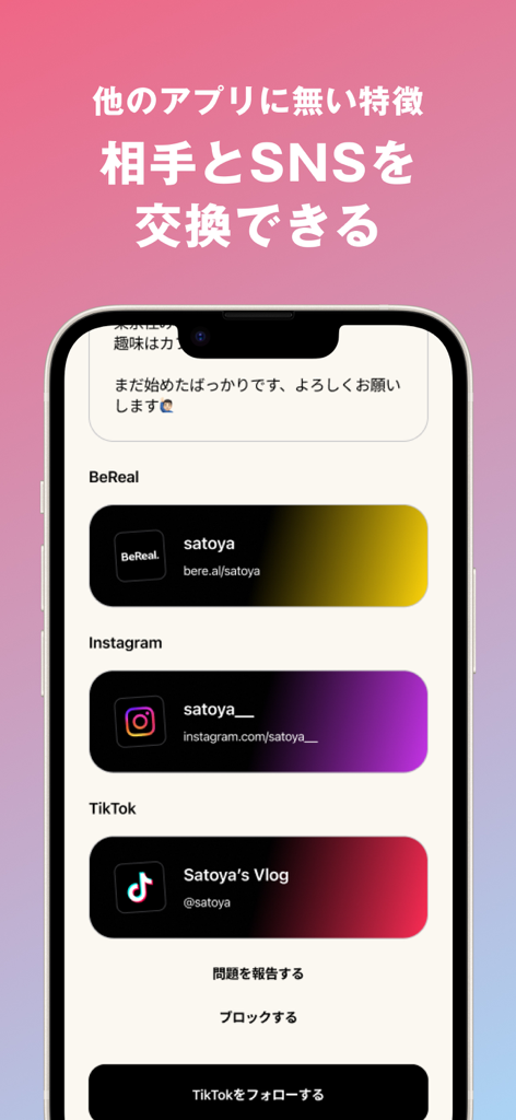 BeReal Instagram 및 TikTok 계정에 대한 통합 링크를 표시하는 NewMatch 앱의 사용자 프로필