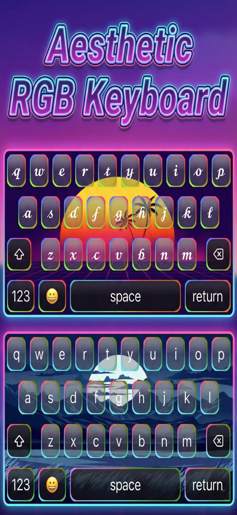 DIY Keyboard: Fonts & Themes - Dos teclados personalizados de smartphone con fondos estéticos y colorida iluminación RGB en las teclas.
