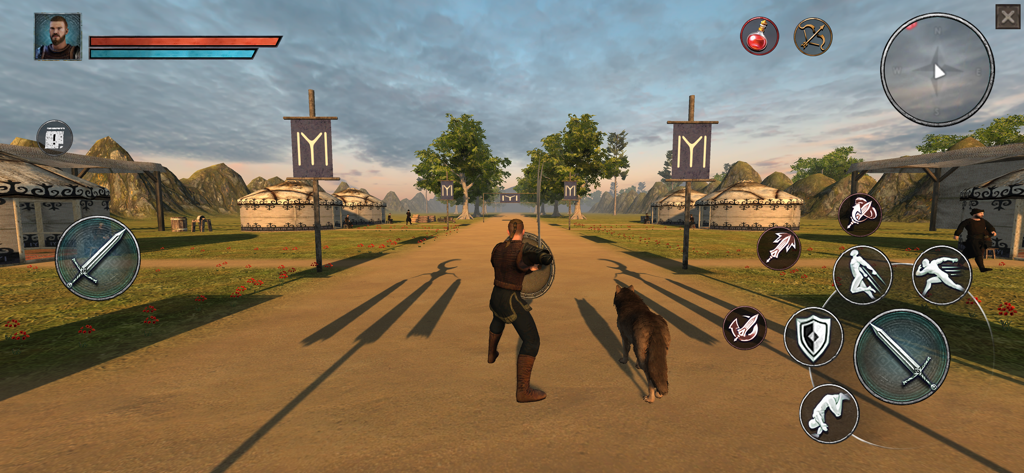 Third-person gameplay view of a warrior and his wolf companion in a medieval tribal camp
