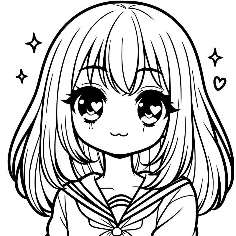 cute anime girl with shoulder length hair and straight fringe bangs and heart eye pupils