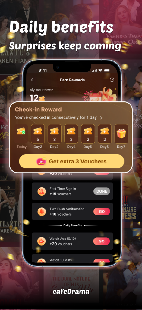 CafeDrama-Short Dramas & Movie - CafeDrama app screen displaying daily check-in rewards and voucher tasks for users to earn free content