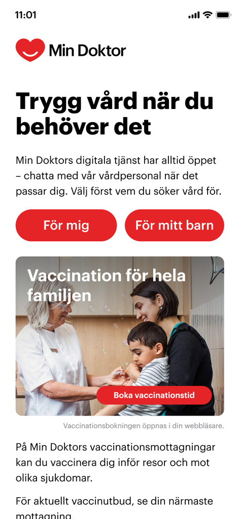 Min Doktor – Vård & vaccin - Interface da aplicação móvel Min Doktor mostrando opções de cuidados de saúde digitais e marcações de vacinação familiar