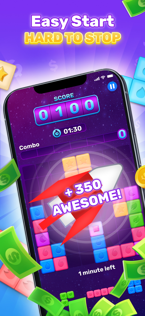 Win Real Money: PlayOff Games - Mobile block puzzle gameplay in Win Real Money PlayOff Games app with cash graphics