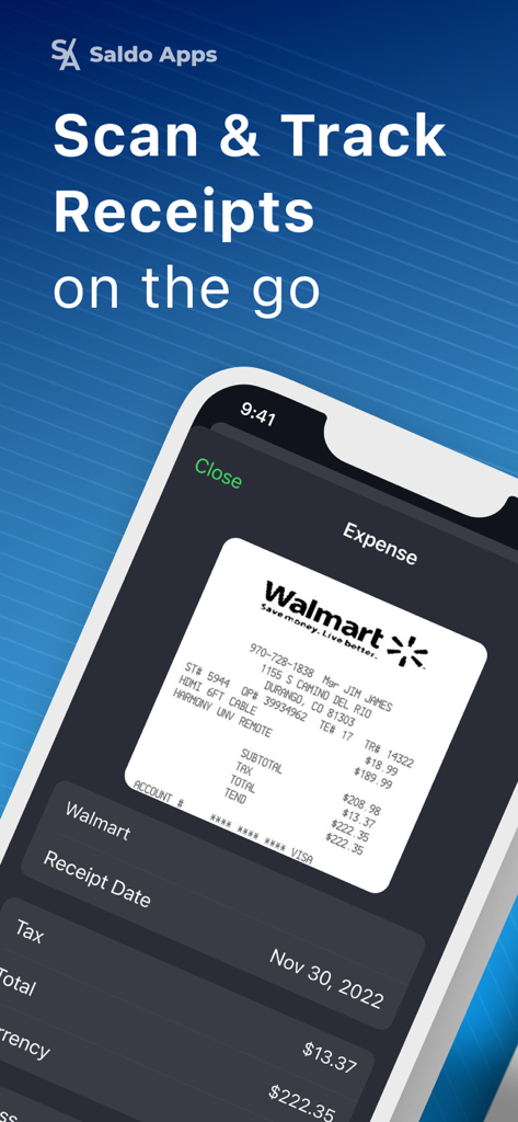 Mobile app screen scanning a Walmart receipt to track business expenses