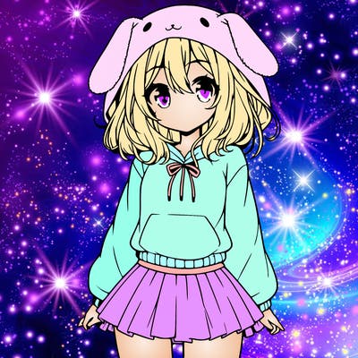 pretty anime girl wearing a fluffy hoodie with bunny ears on the hood and a skirt