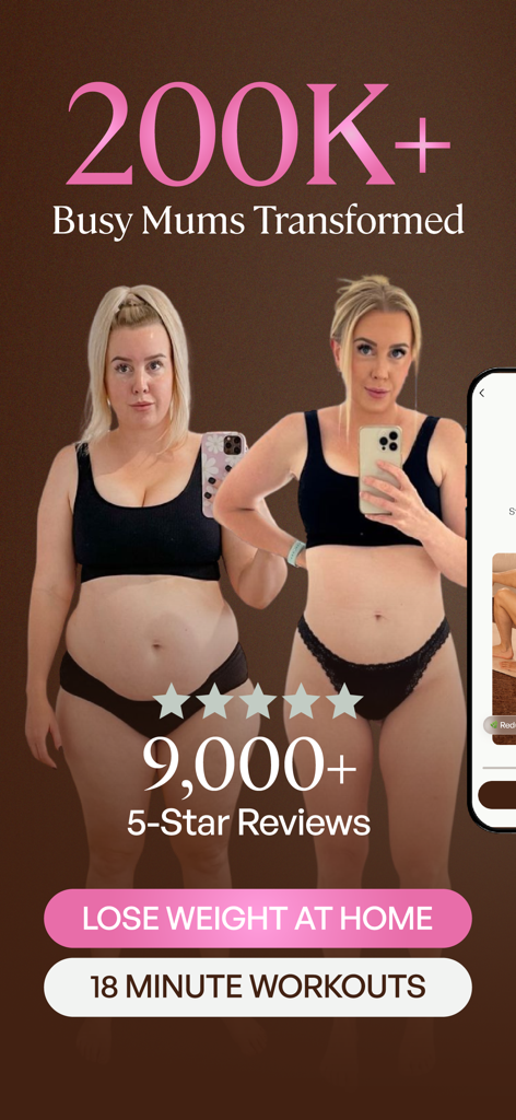 Before and after weight loss results for busy moms using Transform by Fitaz 18-minute home workouts