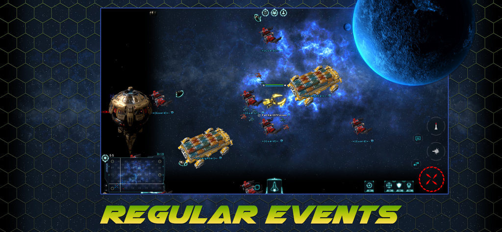 WarUniverse - A space combat scene in WarUniverse with ships orbiting a planet and a space station featuring the text Regular Events.