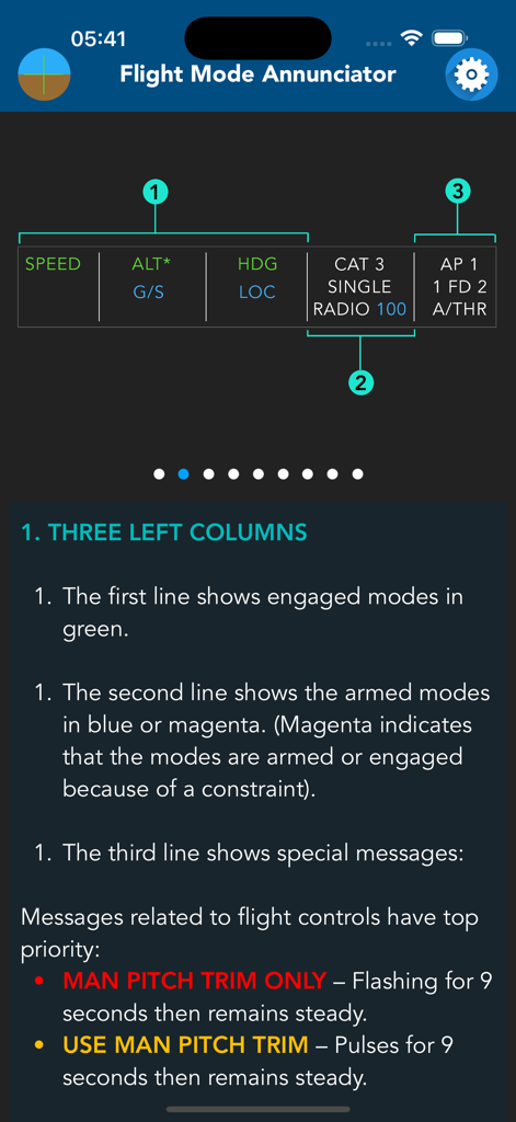 Airbus A320 PFD Trainer - Airbus A320 Flight Mode Annunciator training screen explaining engaged and armed flight modes