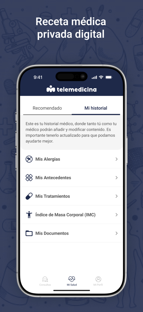 Telemedicina PEP - Tela de histórico médico no aplicativo Telemedicina PEP mostrando seções de alergias, tratamentos e registros médicos em espanhol.