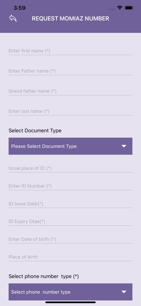Customer On-Boarding - Registration screen for Al-Kuraimi Bank onboarding app with fields for personal information and identity documents