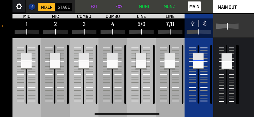 Main mixer interface of the FLOW Mix app showing channel faders and master volume control.