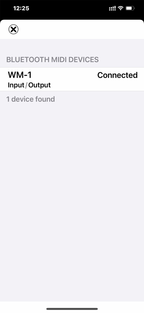 MC Pad - Bluetooth MIDI - Interface of the MC Pad app displaying a connected WM-1 Bluetooth MIDI device.