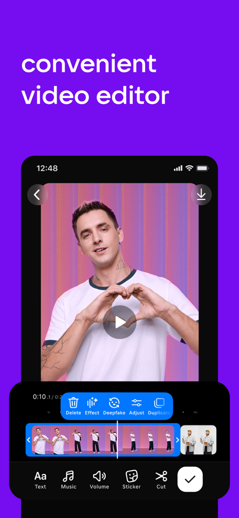 VK Clips: short videos - VK Clipsアプリが、様々な編集ツールと動画タイムラインを備えた便利な動画エディターを表示