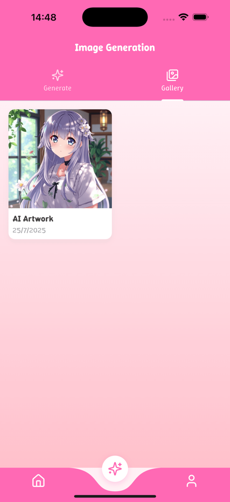 Yubon - Schermata della galleria dell'app mobile Yubon che mostra un personaggio femminile anime generato