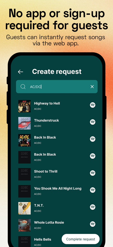 Rekwest - Song requests - Mobile screen showing the Rekwest web app where a guest is searching for AC/DC songs to request
