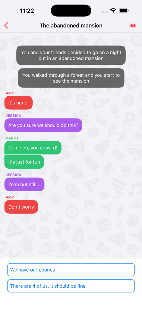 Una captura de pantalla de un juego de historias interactivas que muestra el diálogo del personaje y dos opciones de elección para el jugador.