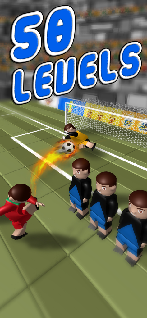 Penalty World Toy – Shoot Goal - Toy soccer player kicking a flaming ball toward a goal with fifty levels text
