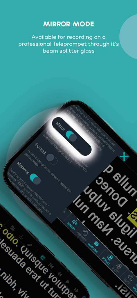 TeleprompterPAD - Interface do aplicativo TeleprompterPAD mostrando o botão do Modo Espelho para rigs profissionais com vidro de divisão de feixe