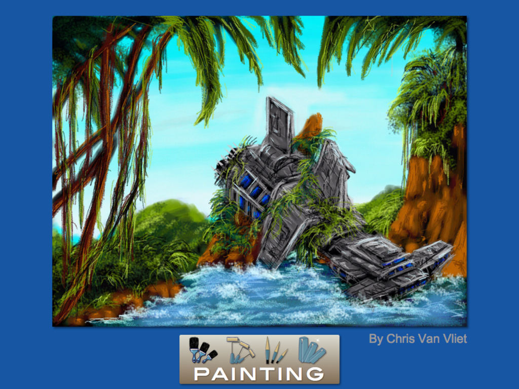 Drawing Box - A detailed digital painting of a crashed spaceship in a tropical jungle created using Drawing Box app tools.