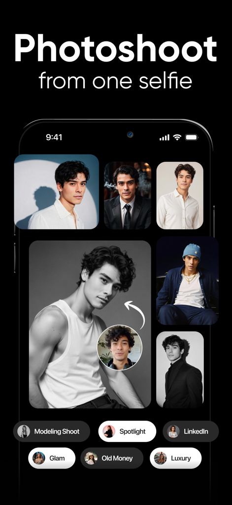 Shots - AI Photo & Video Maker - Shotsアプリのインターフェース。1枚のセルフィーからAI生成されたプロフェッショナルポートレートを表示。