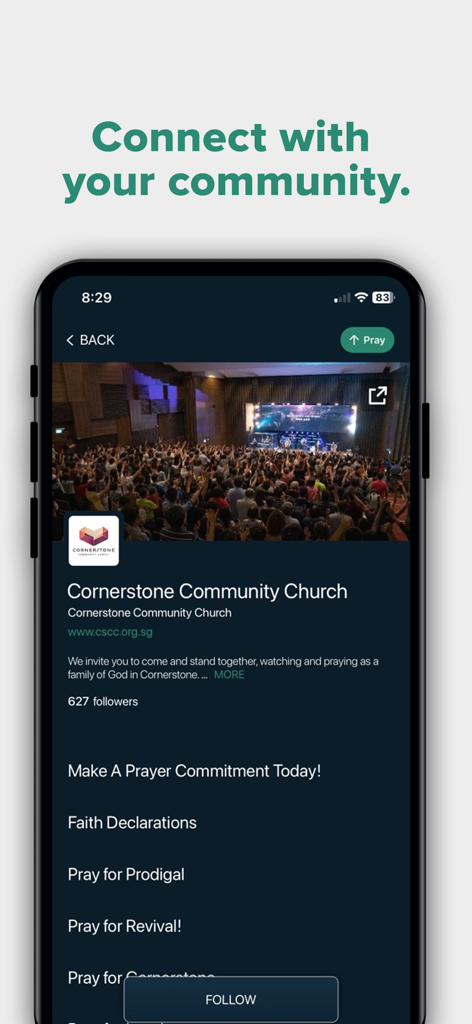 Echo Prayer - Echo Prayer app screen showing a church community profile with a list of prayer commitments and a follow button.