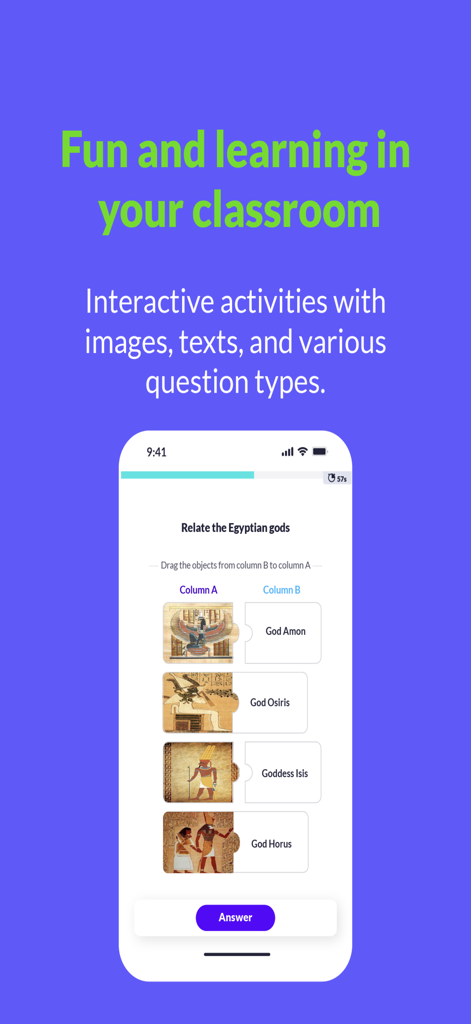 TOMi Digital - TOMi Digital app showing an interactive Egyptian gods matching activity on a mobile phone screen.