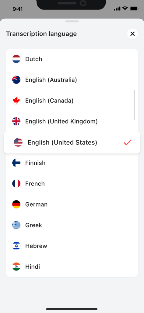 List of available transcription languages in the Voice Recorder app including English French and German