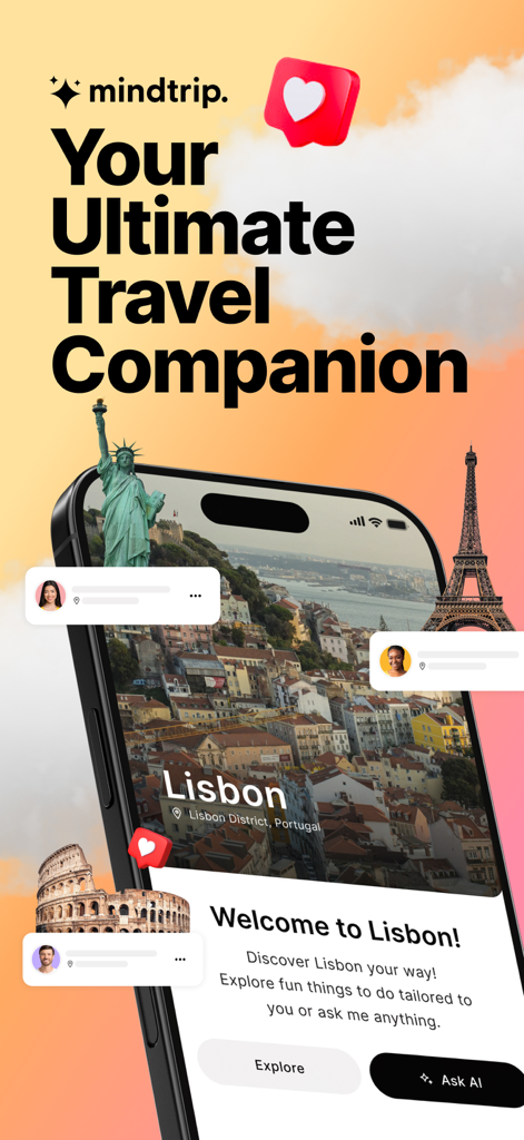 Mindtrip AI travel companion app screen showing a personalized guide to Lisbon with explore and ask AI buttons.