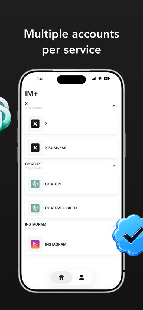 IM+ Instant Messenger - IM+ Instant Messenger app screen showing multiple accounts for X, ChatGPT, and Instagram