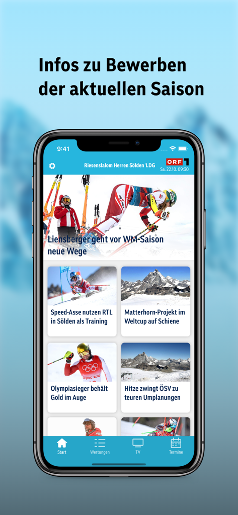 ORF Ski Alpin app interface showing alpine skiing news and competition updates