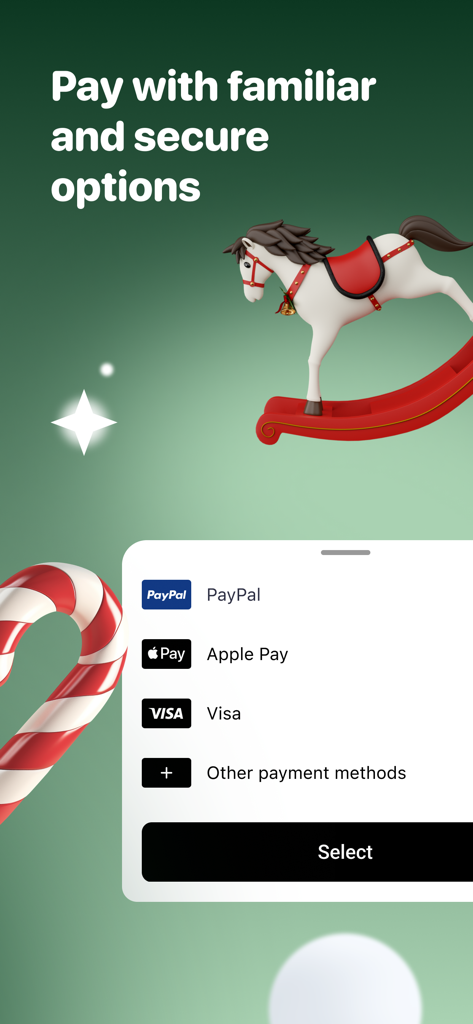 Interfaz de la aplicación Joom que muestra opciones de pago seguras, incluyendo PayPal, Apple Pay y Visa