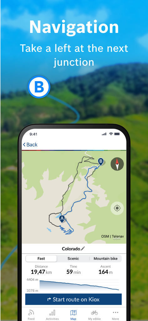 Bosch eBike Connect - Navigation screen of the Bosch eBike Connect app showing a planned route with distance and elevation data