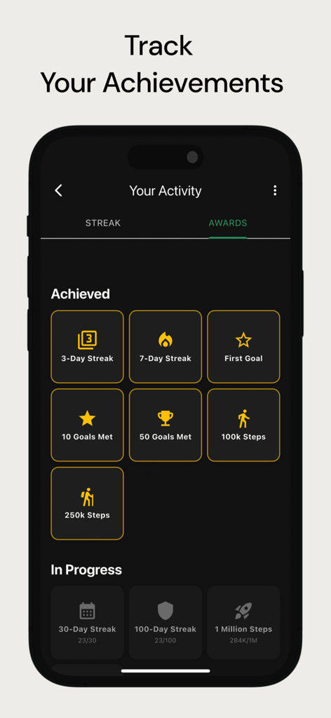 HealthMeter - Una pantalla de teléfono móvil que muestra la página de premios de la aplicación HealthMeter con insignias por rachas, metas cumplidas y recuentos de pasos