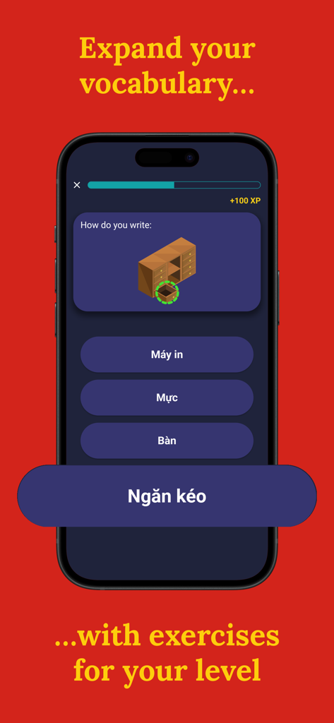 Learn Vietnamese (Beginners) - Smartphone screen displaying a Vietnamese vocabulary quiz with an illustration and multiple choice answers