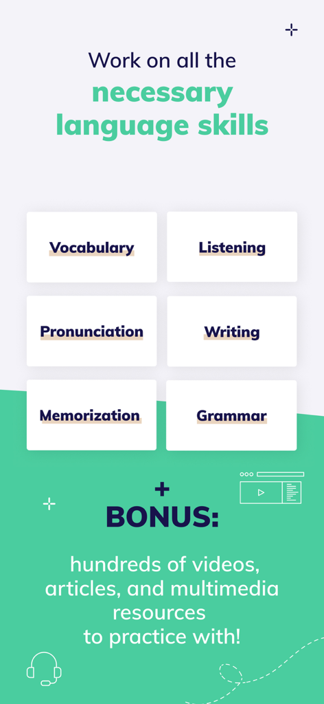 MosaLingua app interface showing modules for vocabulary listening pronunciation writing memorization and grammar