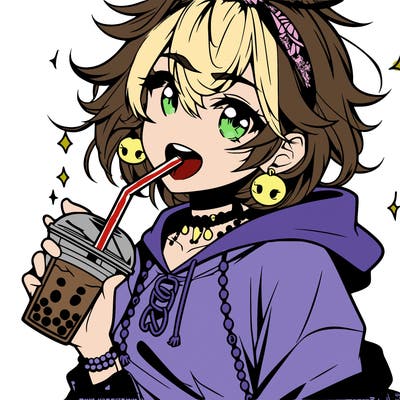hot baddie anime girl drinking boba and biting the straw