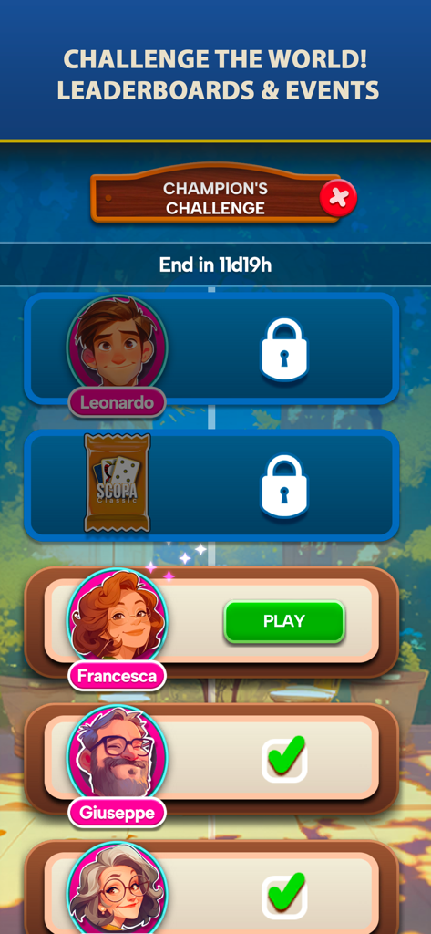 Scopa Classic - La aplicación de juego de cartas Scopa Classic mostrando la pantalla de clasificación y evento de desafío especial