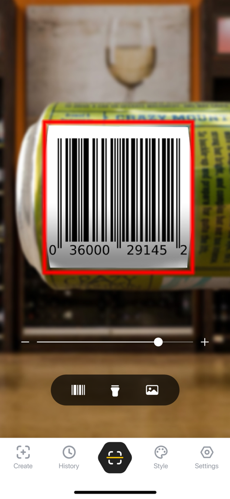Smartphone app interface scanning a product barcode with a red target frame