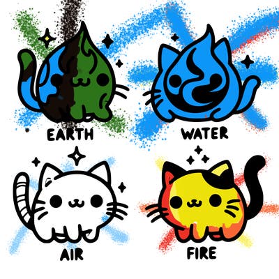 4 cats that represent the different elements, earth, water, air, and fire